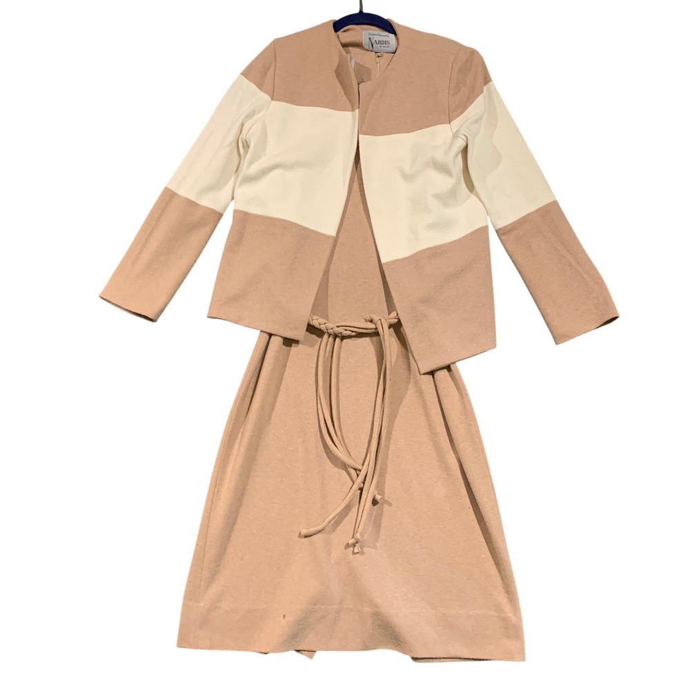 Nardis of Dallas Vintage‎ Dress Set Womens Tan Cream Colorblock Mod 2pc Suit